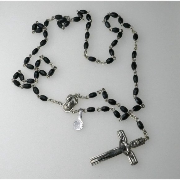Vintage Italian Black Rosary With Molded Plastic Beads - 5 Decade Rosary - Picture 2 of 8